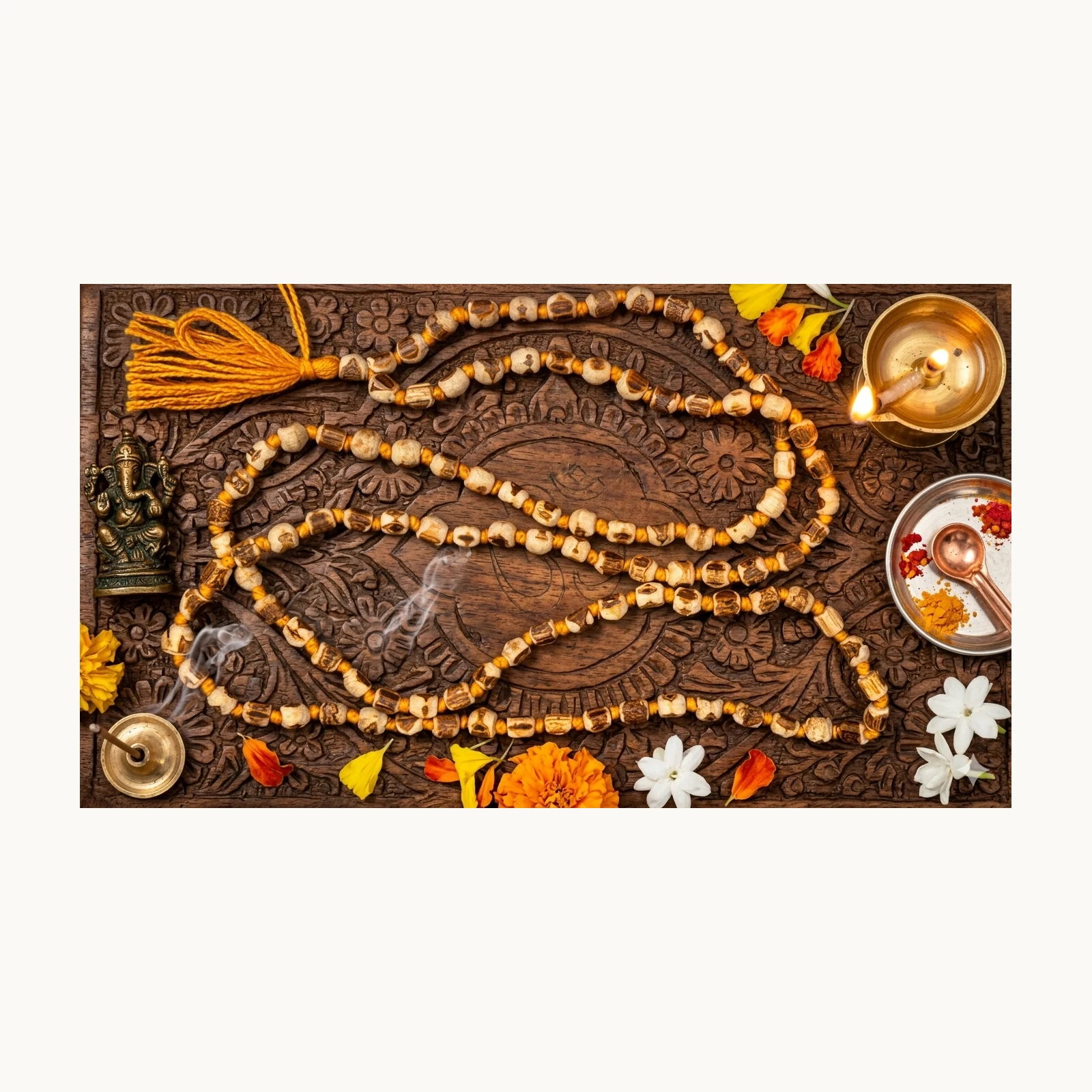 Alternate view of original raw Tulsi japa mala with 108+1 natural beads