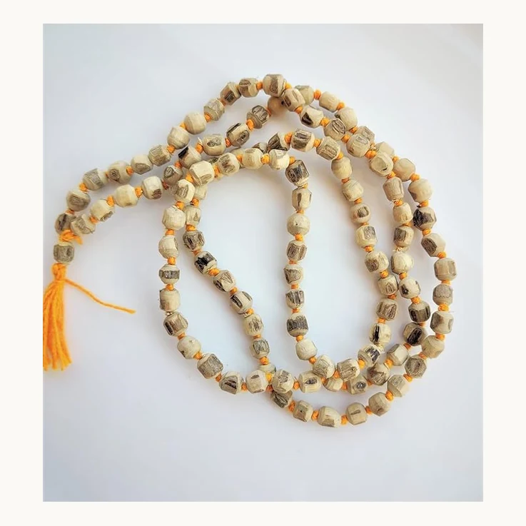 Original raw Tulsi japa mala with 108+1 natural beads angle view