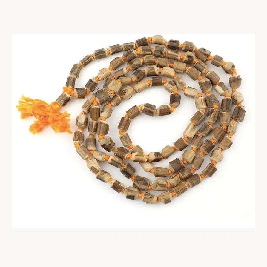Closeup of original raw Tulsi japa mala with 108+1 natural beads