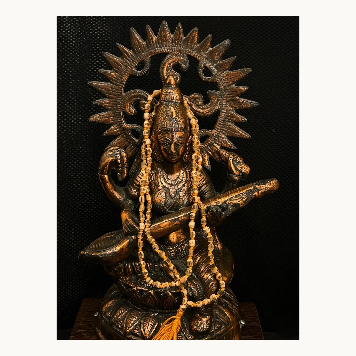 Detail view of original raw Tulsi japa mala with 108+1 natural beads