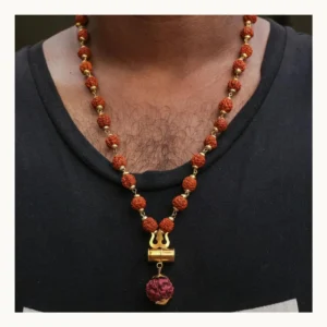 Gold-plated Rudraksha mala with Trishul locket and tabiz capsule front view