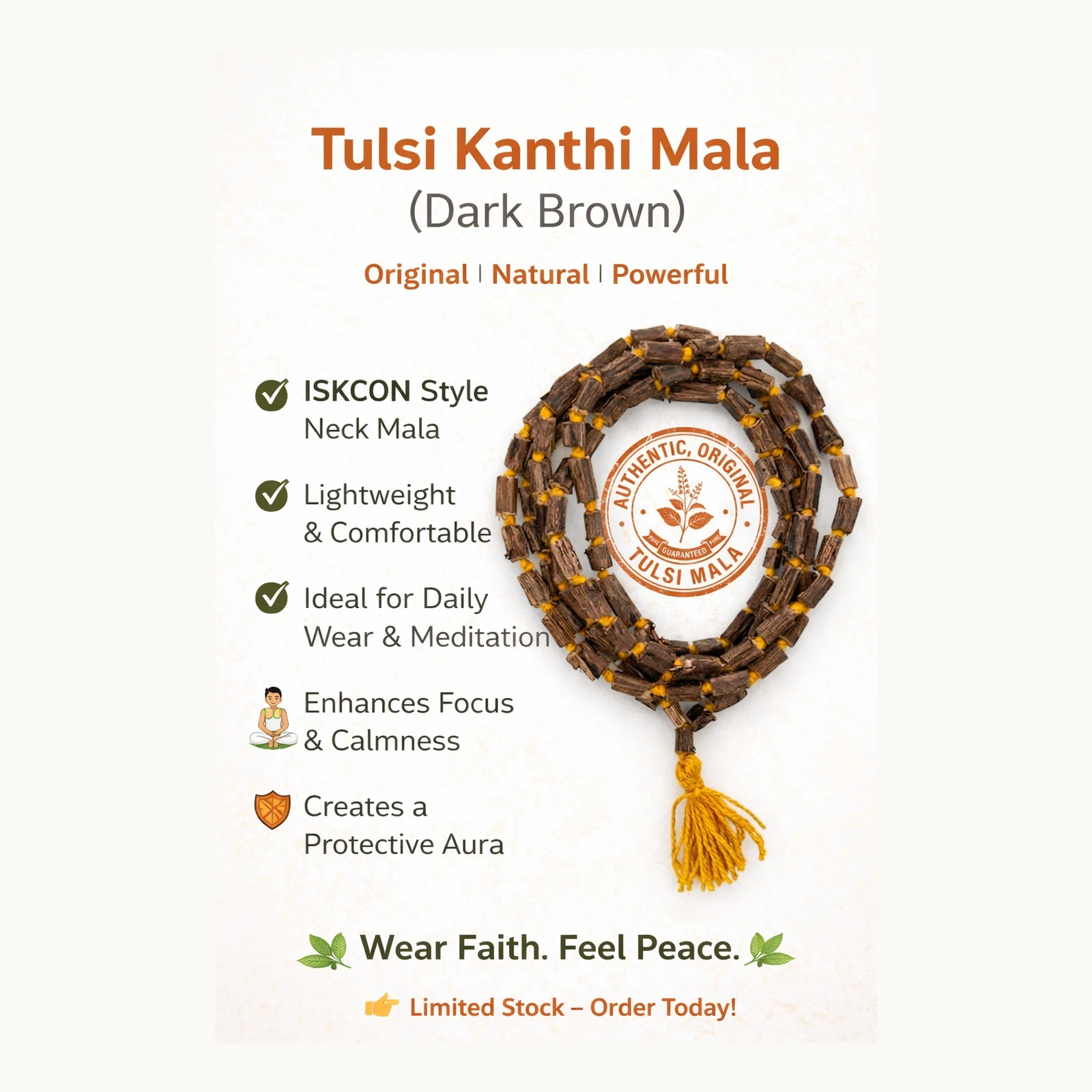 Original Shyama Tulsi double-round kanthi mala dark brown angle view