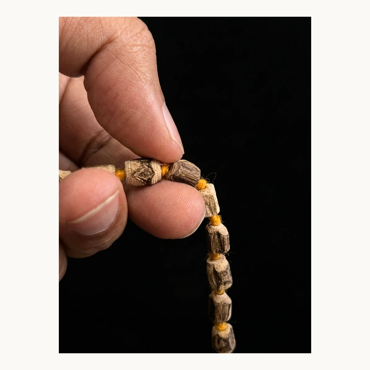 Closeup of original Tulsi japa mala with 108 cultured beads