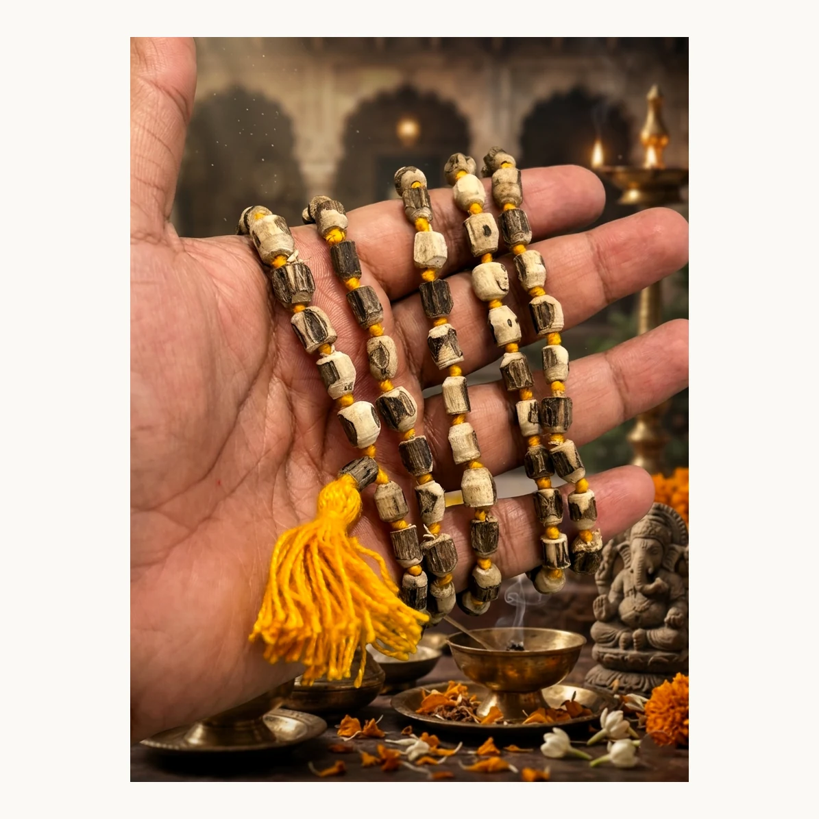 Detail view of original Tulsi japa mala with 108 cultured beads