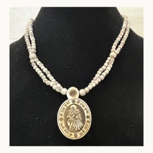 Natural Tulsi double-chain mala with Radha Krishna pendant front view